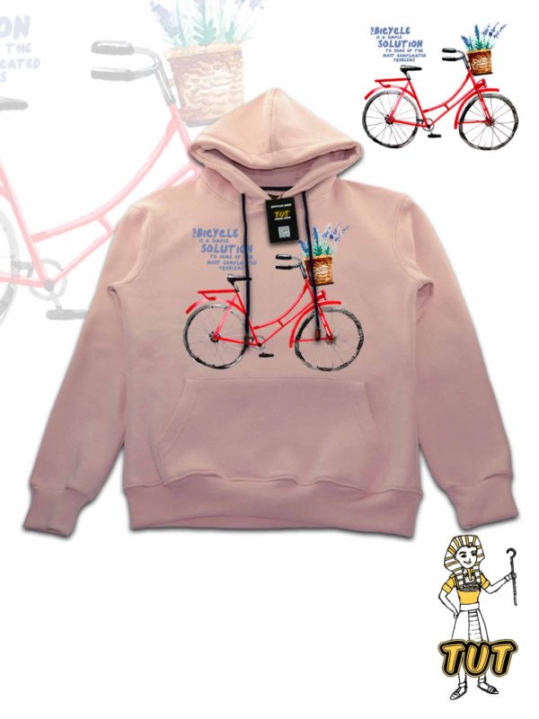 TUT-Hoodie-Sweatshirt-Long-Sleeve-Women-Pastel-Pink-T1HOW00PP00011-Front-Printed-Red-Bicycle-The-bike-is-a-simple-solution