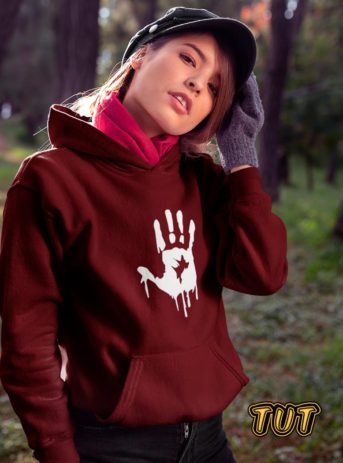 TUT-Hoodie-Sweatshirt-Long-Sleeve-Women-Maroon-T1HOW00MR00094-front-printed-Horror-Bloody-Hand-Print-Woman-Model