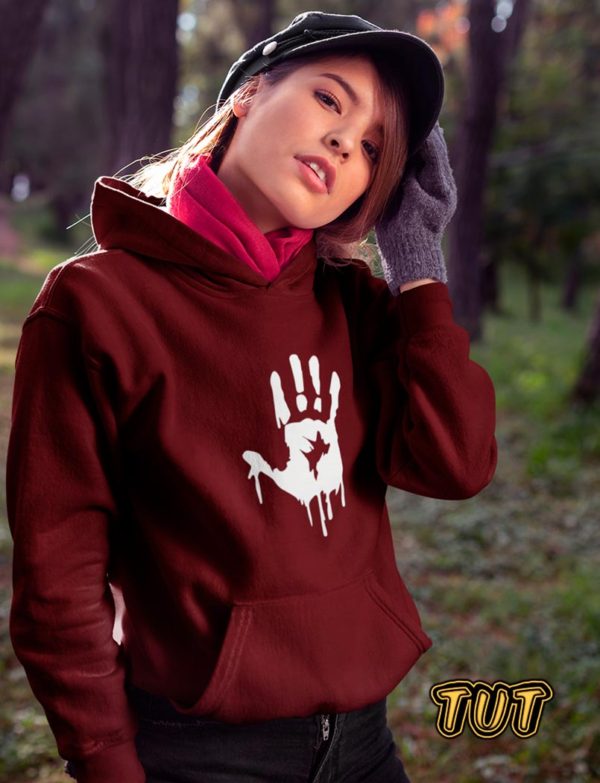 TUT-Hoodie-Sweatshirt-Long-Sleeve-Women-Maroon-T1HOW00MR00094-front-printed-Horror-Bloody-Hand-Print-Woman-Model