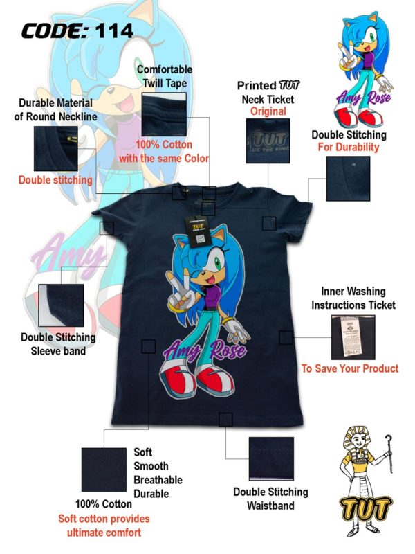 TUT-Round-Cotton-T-Shirt-Short-Sleeve-Kids-Blue-Black-T2RTK00BB00114-Printed-Sonic-Amy-Rose-Specifications