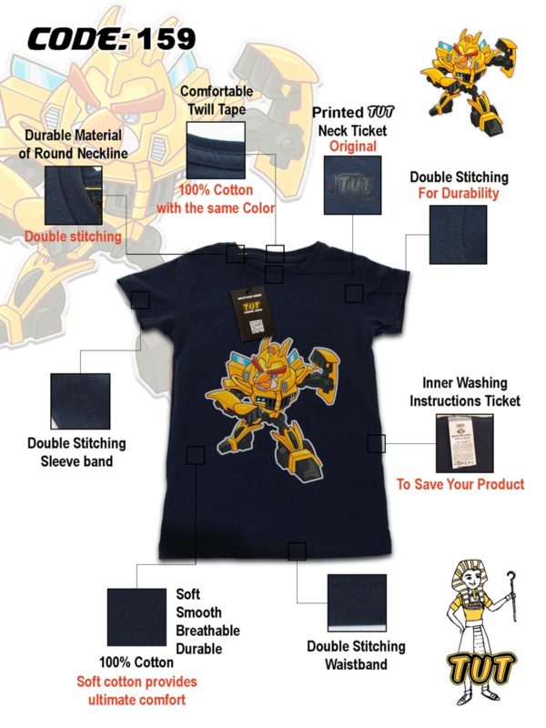 TUT-Round-Cotton-T-Shirt-Short-Sleeve-Kids-Blue-Black-T2RTK00BB00159-Printed-Angry-Birds-Transformers-Bumblebee-Specifications