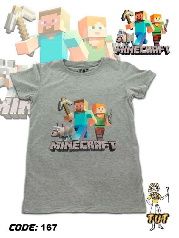 TUT-Round-Cotton-T-Shirt-Short-Sleeve-Kids-Gray-T2RTK00GR00167-Printed-Minecraft
