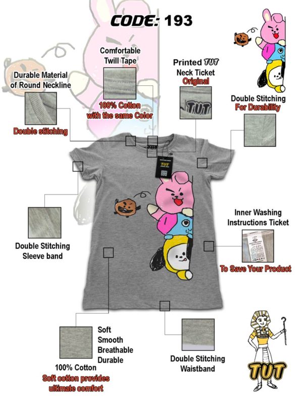 TUT-Round-Cotton-T-Shirt-Short-Sleeve-Kids-Gray-T2RTK00GR00193-Printed-BT21-Cooky-Shooky-Mang-CHIMMY-Specifications