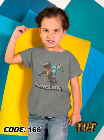 TUT-Round-Cotton-T-Shirt-Short-Sleeve-Kids-Gray-T2RTK06GR00166-Printed-Minecraft-Steve-Model