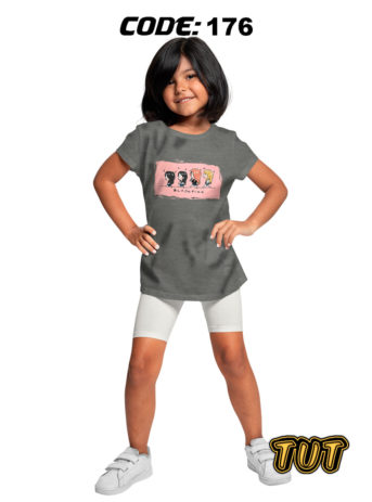 TUT-Round-Cotton-T-Shirt-Short-Sleeve-Kids-Gray-T2RTK10GR00176-Printed-Black-Pink-Little-Girls-Models