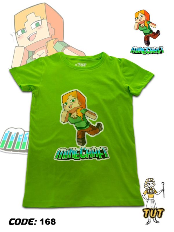 TUT-Round-Cotton-T-Shirt-Short-Sleeve-Kids-Phosphoric-Green-T2RTK00PG00168-Printed-Minecraft-Alex-Graphic