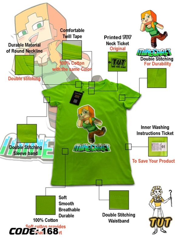TUT-Round-Cotton-T-Shirt-Short-Sleeve-Kids-Phosphoric-Green-T2RTK00PG00168-Printed-Minecraft-Alex-Graphic-Specifications