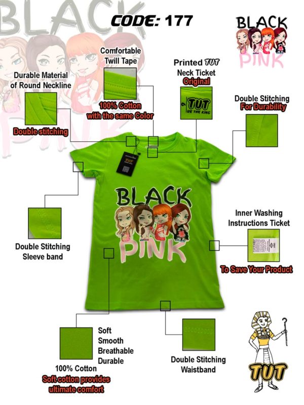 TUT-Round-Cotton-T-Shirt-Short-Sleeve-Kids-Phosphoric-Green-T2RTK00PG00177-Printed-Black-Pink-Anime-Specifications