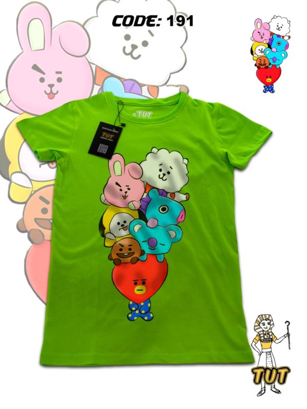 TUT-Round-Cotton-T-Shirt-Short-Sleeve-Kids-Phosphoric-Green-T2RTK00PG00191-Printed-BT21-Line-Friends