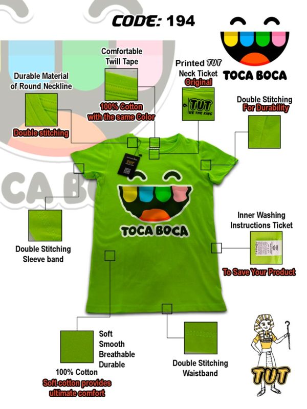 TUT-Round-Cotton-T-Shirt-Short-Sleeve-Kids-Phosphoric-Green-T2RTK00PG00194-Printed-TOCA-BOCA-Specifications