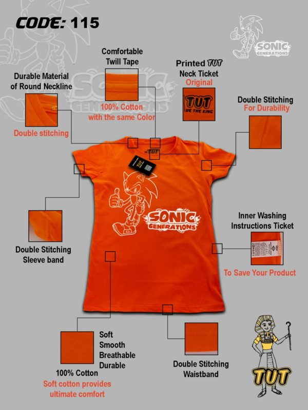 TUT-Round-Cotton-T-Shirt-Short-Sleeve-Kids-Phosphoric-Orange-T2RTK00PO00115-Printed-Sonic-Generations-Model-Specifications