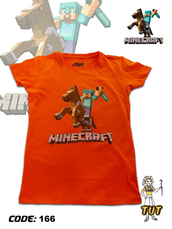 TUT-Round-Cotton-T-Shirt-Short-Sleeve-Kids-Phosphoric-Orange-T2RTK00PO00166-Printed-Minecraft-Steve