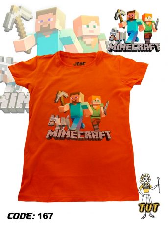 TUT-Round-Cotton-T-Shirt-Short-Sleeve-Kids-Phosphoric-Orange-T2RTK00PO00167-Printed-Minecraft