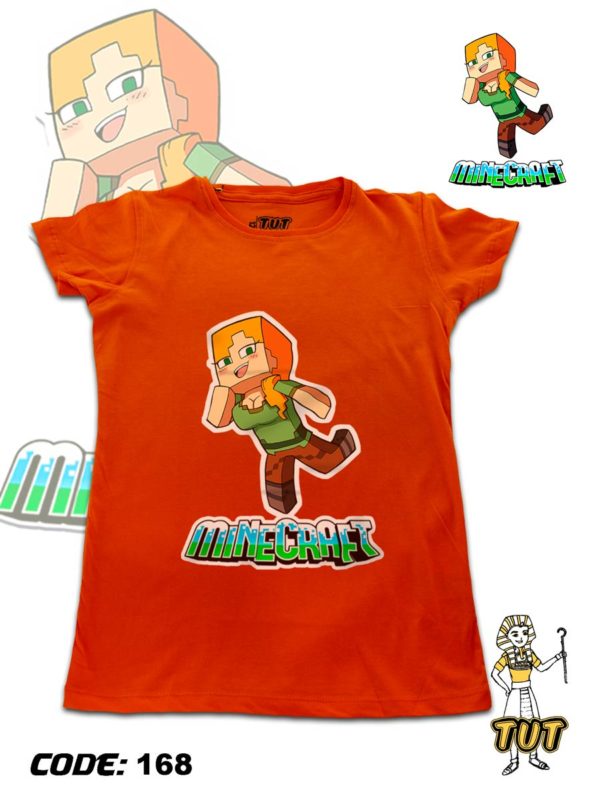 TUT-Round-Cotton-T-Shirt-Short-Sleeve-Kids-Phosphoric-Orange-T2RTK00PO00168-Printed-Minecraft-Alex-Graphic