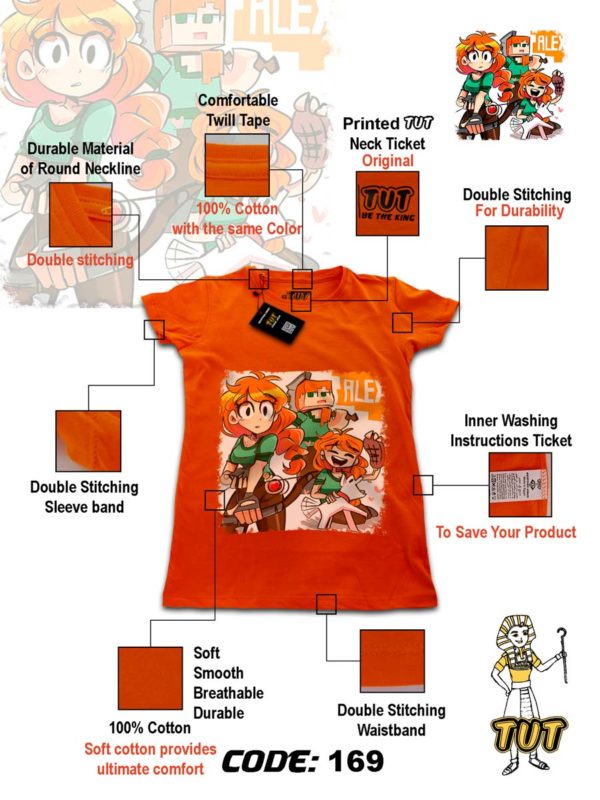 TUT-Round-Cotton-T-Shirt-Short-Sleeve-Kids-Phosphoric-Orange-T2RTK00PO00169-Printed-Alex-Graffiti-Minecraf-Specifications