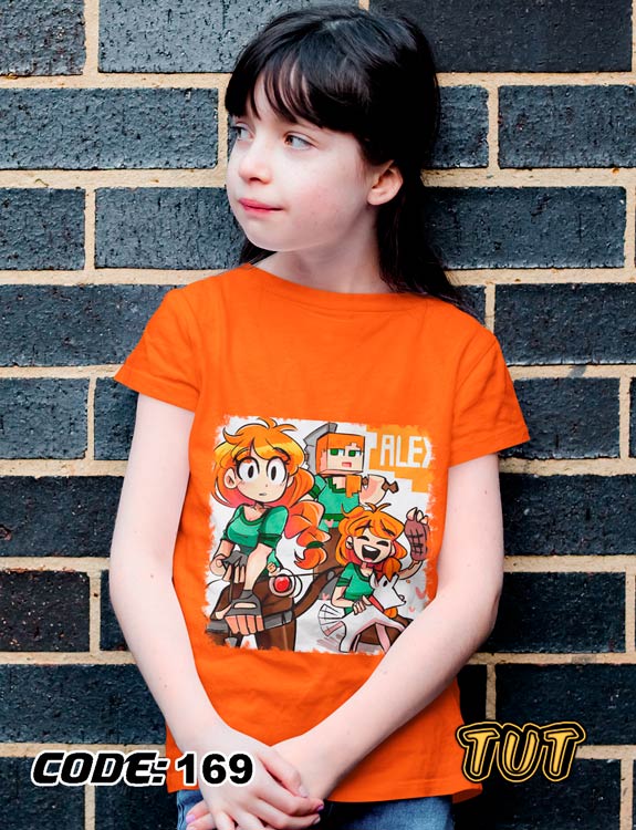 TUT-Round-Cotton-T-Shirt-Short-Sleeve-Kids-Phosphoric-Orange-T2RTK00PO00169-Printed-Alex-Graffiti-Minecraft-Model