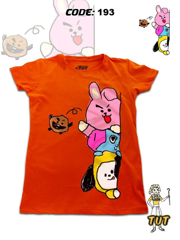 TUT-Round-Cotton-T-Shirt-Short-Sleeve-Kids-Phosphoric-Orange-T2RTK00PO00193-Printed-BT21-Cooky-Shooky-Mang-CHIMMY