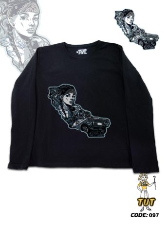 TUT-Slim-Fit-Round-Cotton-T-Shirt-Long-Sleeve-Women-Black-T2RTW00BK00097-Printed-Horror-Chicano-Girl-with-lowrider-car