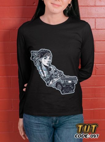 TUT-Slim-Fit-Round-Cotton-T-Shirt-Long-Sleeve-Women-Black-T2RTW00BK00097-Printed-Horror-Chicano-Girl-with-lowrider-car-Model