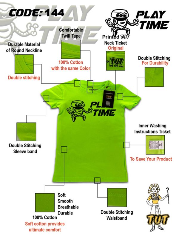 TUT-Slim-Fit-Round-Cotton-T-Shirt-Short-Sleeve-Kids-Phosphoric-Green-T2RTK00PG00144-Printed-Play-Time-Specifications