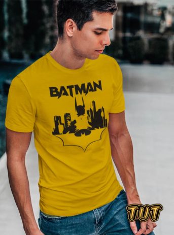 TUT-Slim-Fit-Round-Cotton-T-Shirt-Short-Sleeve-Men-Mustard-Yellow-T2RTM00MY00136-Printed-Batman-Gotham-City-Model
