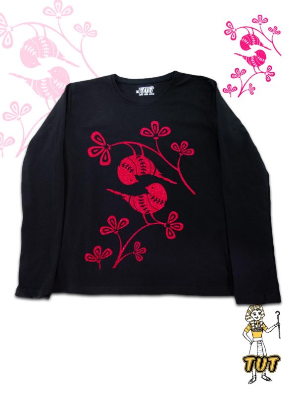 TUT-Slim-Fit-Round-T-Shirt-Long-Sleeve-Women-Black-T2RTW00BK00127-Front-Printed-Birds-Flower