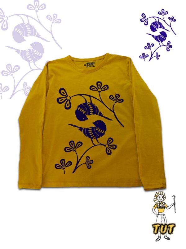 TUT-Slim-Fit-Round-T-Shirt-Long-Sleeve-Women-Mutard-Yellow-T2RTW00MY00127-Front-Printed-Birds-Flowers