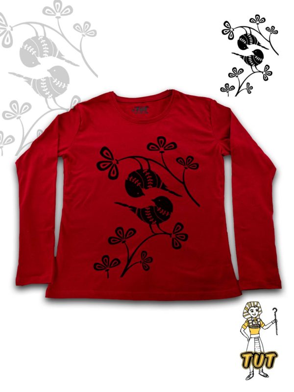 TUT-Slim-Fit-Round-T-Shirt-Long-Sleeve-Women-Red-T2RTW00RD00127-Front-Printed-Birds-Flowers