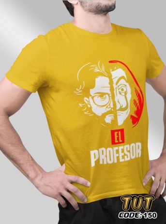 TUT-Slim-Fit-Round-Cotton-T-Shirt-Short-Sleeve-Men-Mustard-Yellow-T2RTM00MY00150-Back-Printed-White-Red-Series-El-Profesor-Front