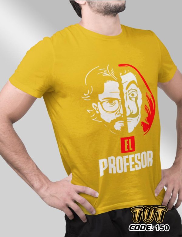 TUT-Slim-Fit-Round-Cotton-T-Shirt-Short-Sleeve-Men-Mustard-Yellow-T2RTM00MY00150-Back-Printed-White-Red-Series-El-Profesor-Front
