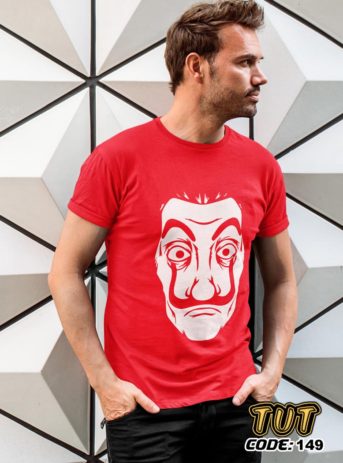 TUT-Slim-Fit-Round-Cotton-T-Shirt-Short-Sleeve-Men-Red-T2RTM0RD00149-Printed-White-Salvador-Dali-Mask-Model