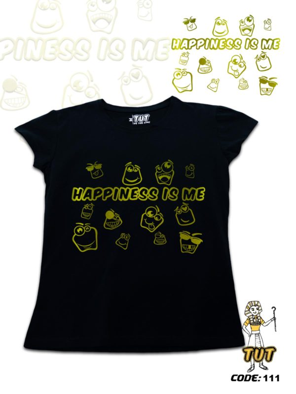TUT-Slim-Fit-Round-Cotton-T-Shirt-Short-Sleeve-Women-Blue-Black-T2RTW00BB00111-Printed-Quotations-Happiness-Is-Me