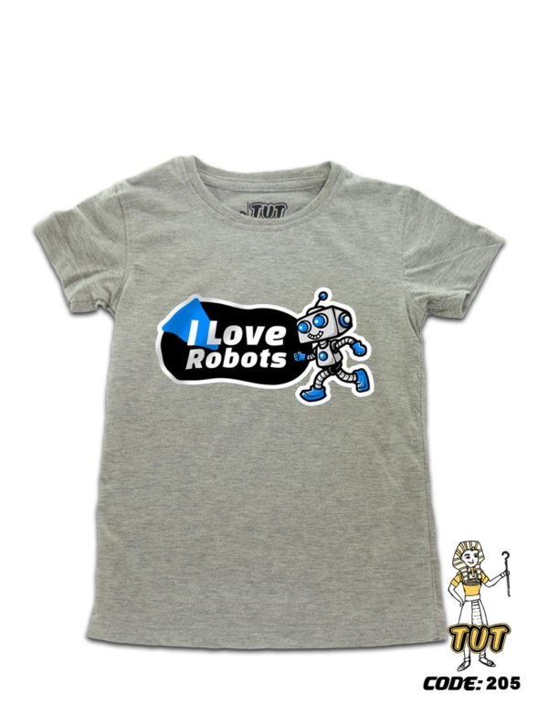 TUT-Round-Cotton-T-Shirt-Short-Sleeve-Kids-06-Gray-T2RTK06GR00205-Printed-Quotations-I-Love-Robots