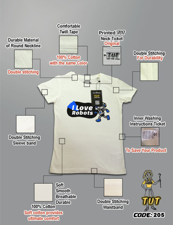 TUT-Round-Cotton-T-Shirt-Short-Sleeve-Kids-06-Off-What-T2RTK06OW00205-Printed-Quotations-I-Love-Robots-Specifications