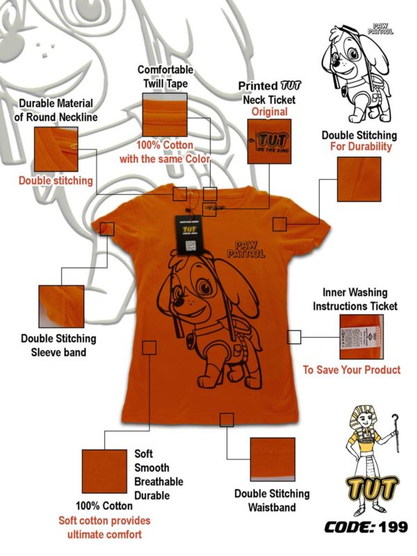 TUT-Round-Cotton-T-Shirt-Short-Sleeve-Kids-06-Phosphoric-Orange-T2RTK06PO00199-Printed-Black-Cartoon-PAW-Patrol-Skye-Specs