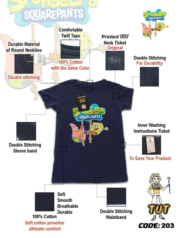 TUT-Round-Cotton-T-Shirt-Short-Sleeve-Kids-Blue-Black-T2RTK06BB00203-Cartoon-Printed-Spongebob-Squarepants-Specifications