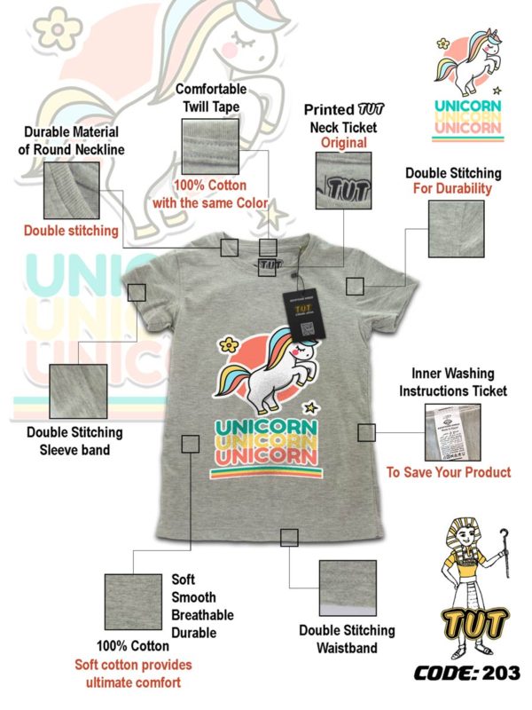 TUT-Round-Cotton-T-Shirt-Short-Sleeve-Kids-Gray-T2RTK06GR00204-Printed-Cartoon-Unicorn-Specifications