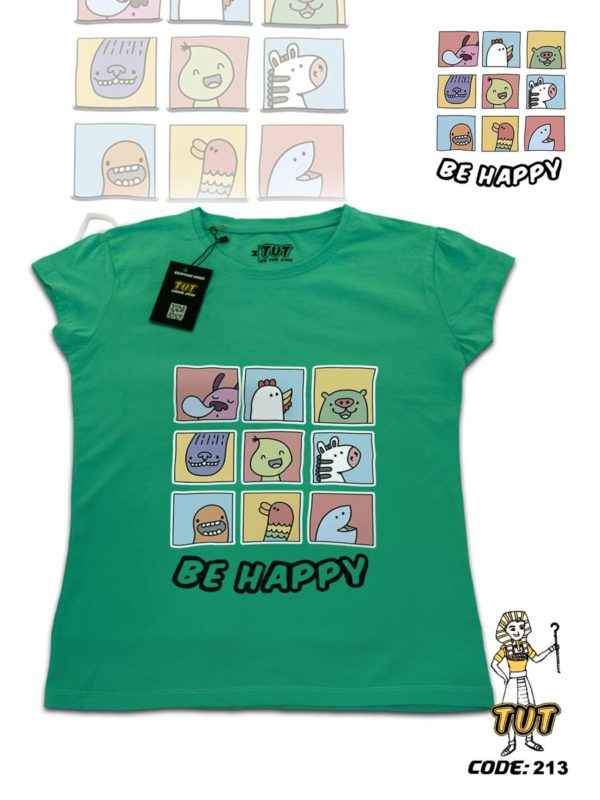 TUT-Slim-Fit-Round-Cotton-T-Shirt-Short-Sleeve-Women-Aquamarine-T2RTW00AM00213-Printed-Cartoon-Be-Happy
