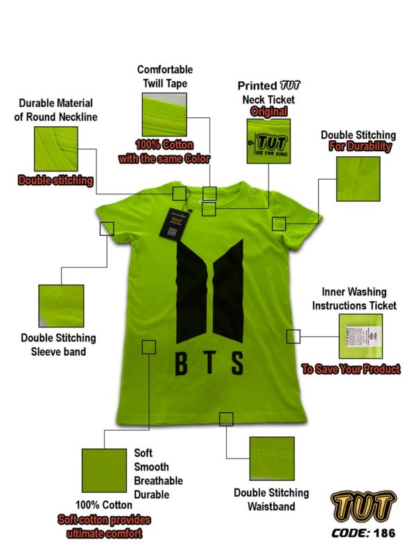 TUT-Round-Cotton-T-Shirt-Short-Sleeve-Kids-12-Phosphoric-Green-T2RTK00PG00186-Printed-Music-BTS-New-Logo-Specs